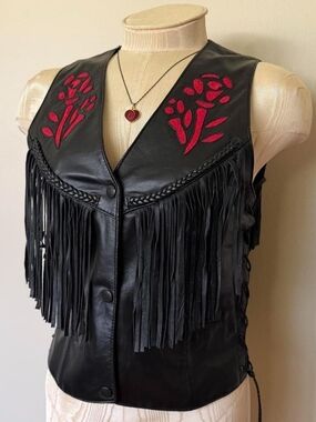 Y2K Dream Apparel Black Red Rose Fringe Leather Vest Sz XS